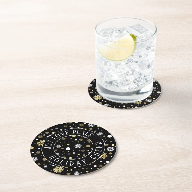 White Gold Snowflakes Polkadots On Black Round Paper Coaster (Insitu)