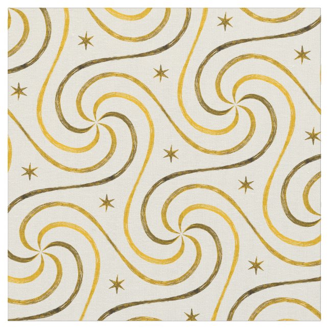 White Gold Spirals Stars Christmas Pattern Elegant Fabric (Close Up)