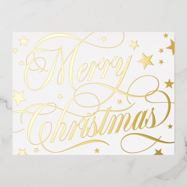 White Gold Starry Merry Christmas Foil Holiday Postcard (Front)