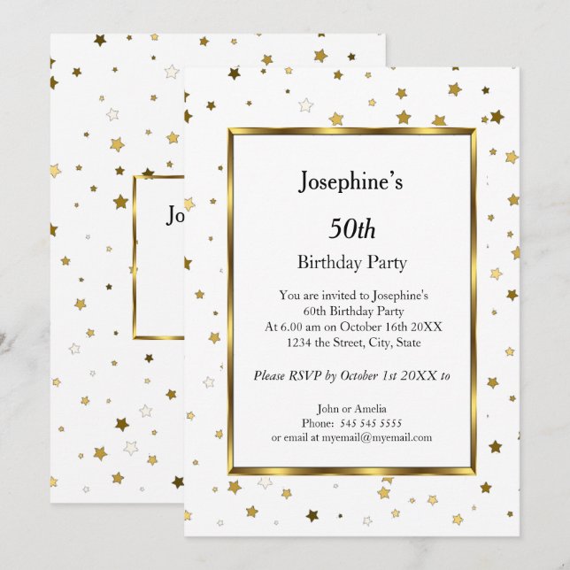 White Gold Stars 50th Birthday Party  Invitation (Front/Back)