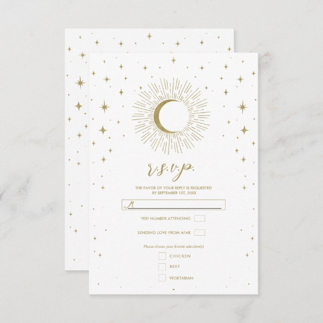 White & Gold Stars Celestial Sunburst Moon RSVP (Front/Back)