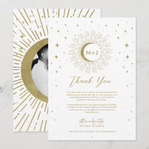 White Gold Stars Celestial Sunburst Moon Thank You Invitation