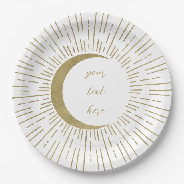 White & Gold Stars Celestial Sunburst Moon Wedding Paper Plate (Front)