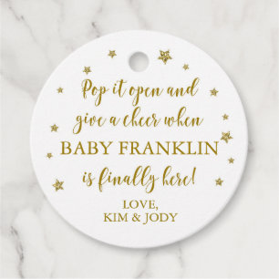White & Gold Stars Pop It Open Mini Champagne Favour Tags