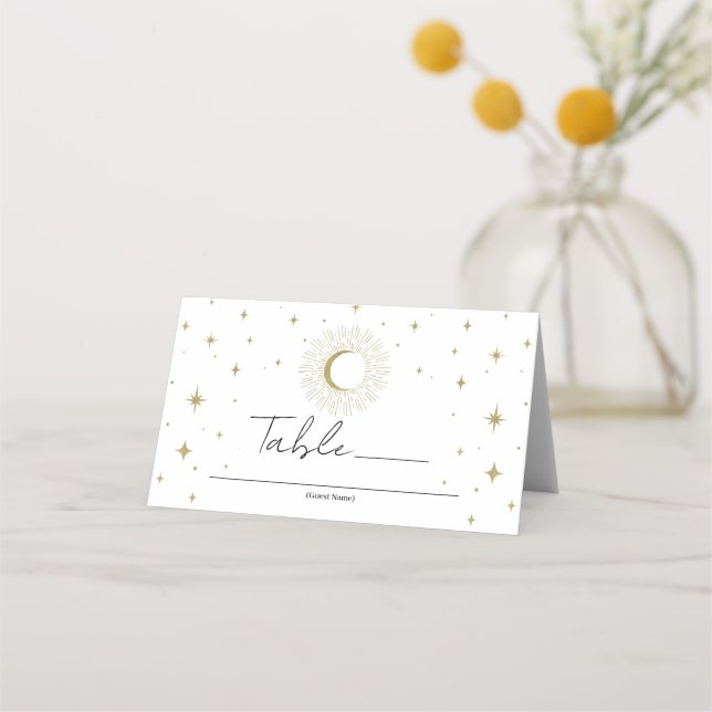 White Gold Stars Sunburst Moon Seating Place  Card (Front)