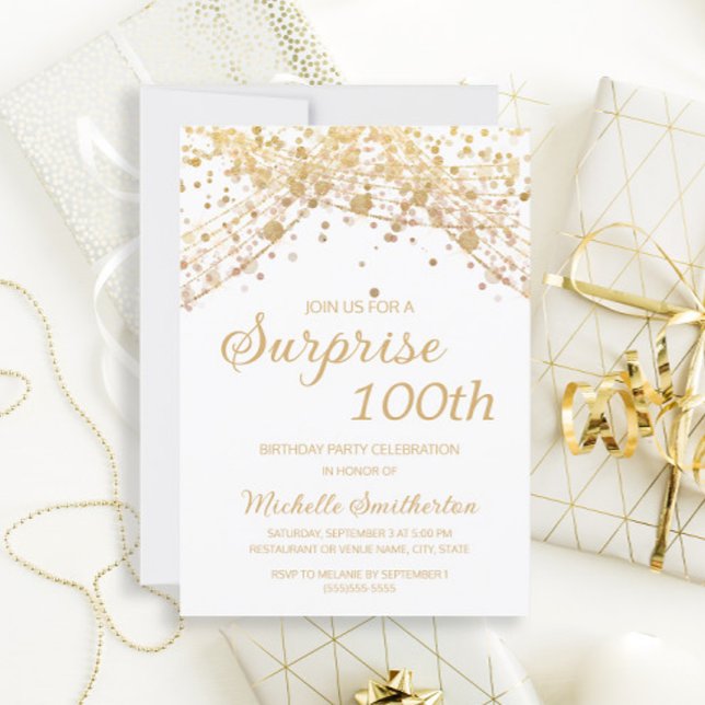 White Gold String Lights Surprise 100th Birthday Invitation (Creator Uploaded)