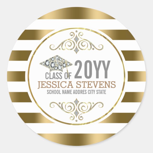 White & Gold Stripes With Glitter Graduation Hat Classic Round Sticker (Front)