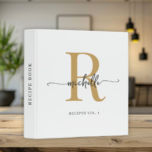 White Gold Stylish Script Monogram Cookbook Recipe Binder