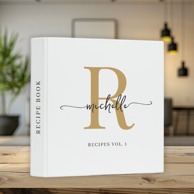 White Gold Stylish Script Monogram Cookbook Recipe Binder (Creator Uploaded)