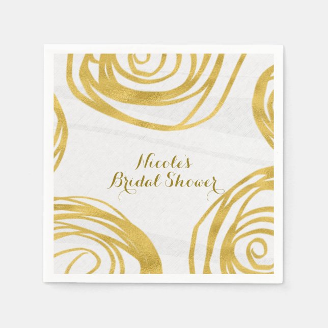 White & Gold Swirl Roses Modern Bridal Shower Napkin (Front)