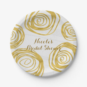 White & Gold Swirl Roses Modern Bridal Shower Paper Plate