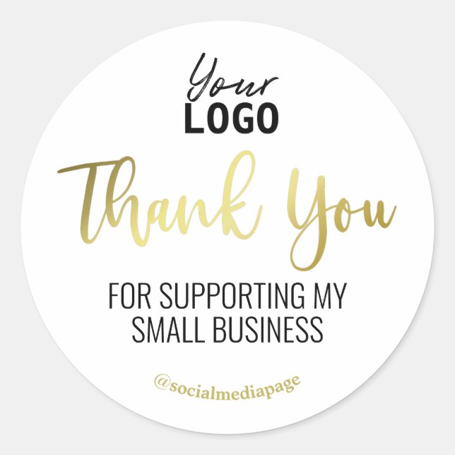 White Gold Text Thank You Support Business Logo Classic Round Sticker (Front)