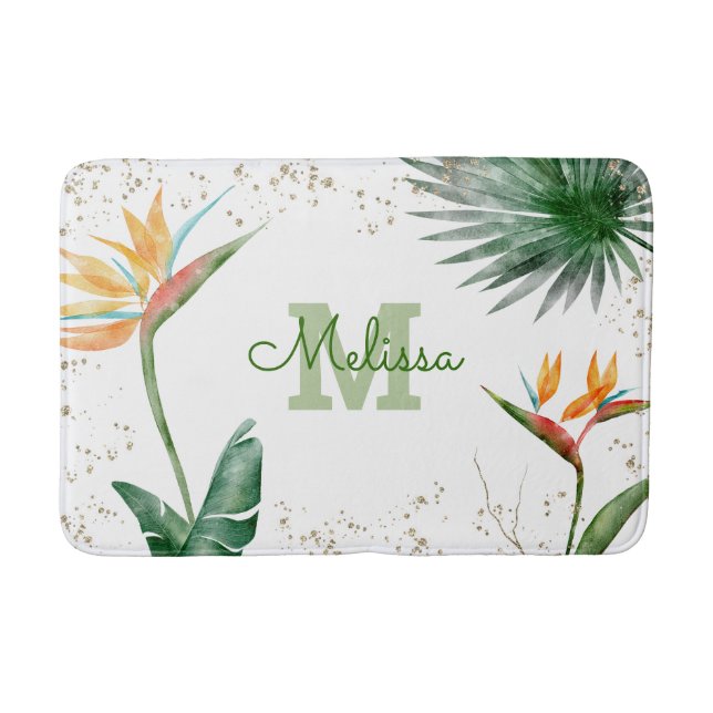White Gold Tropical Floral Foliage Monogram Name Bath Mat (Front)