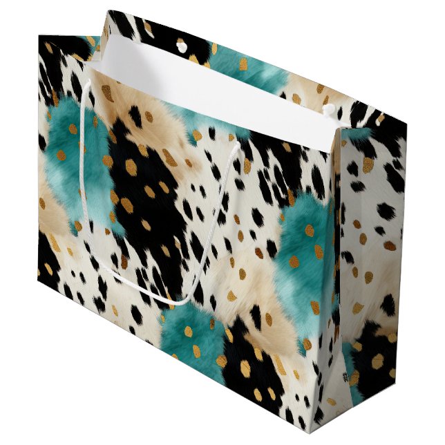 White Gold Turquoise Black Cowhide Name Large Gift Bag (Front Angled)