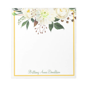 White Gold Watercolor Floral Name Personalize Notepad