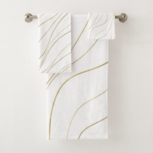 White & Gold Wavy Lines Modern Glam Bath Towel Set