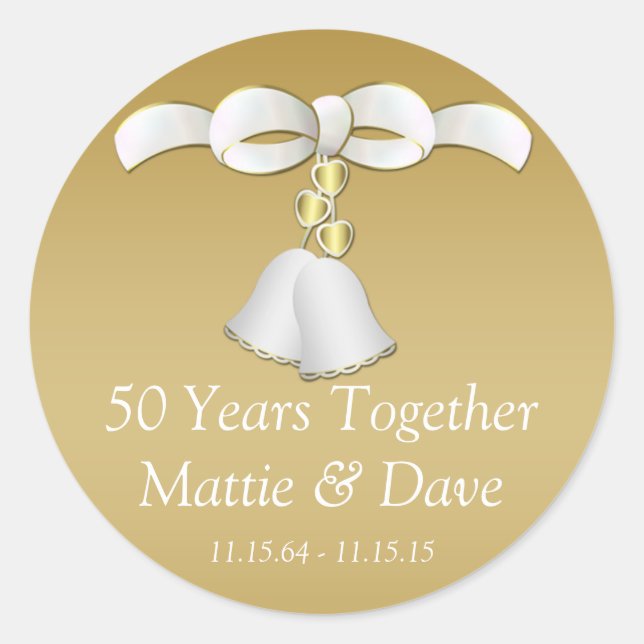 White Gold Wedding Bells 50th Anniversary Classic Round Sticker (Front)