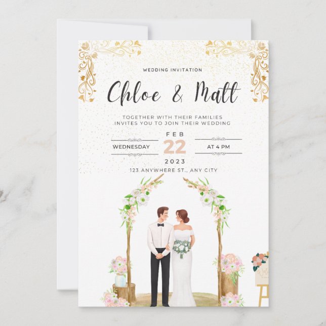 White & Gold Wedding Invitation (Front)