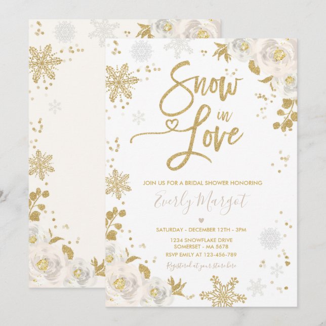 White & Gold Winter Bridal Shower Snow In Love Invitation (Front/Back)