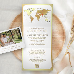 White Gold World Map QR Code Photo Wedding Tri-Fol Tri-Fold Invitation