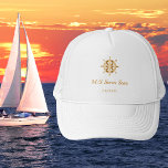 White gold yacht boat name steering wheel captain trucker hat<br><div class="desc">A white background.  Decorted with a faux gold steering wheel. Personalize and add the boat name,  title/text.</div>