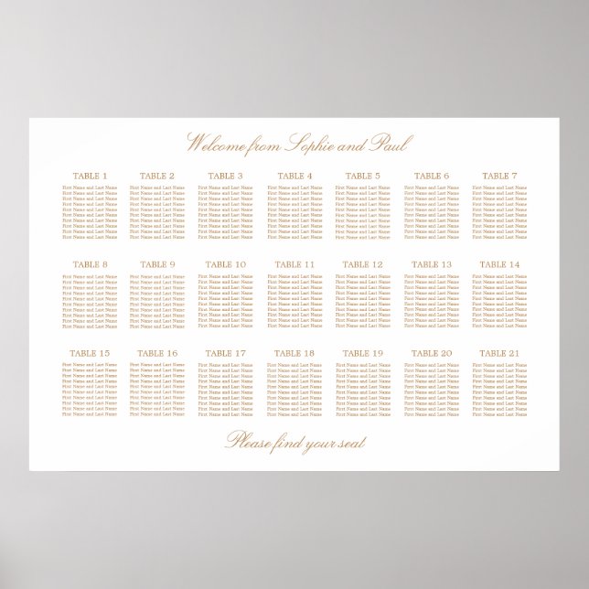 White Golden Beige 21 Table Wedding Seating Chart (Front)
