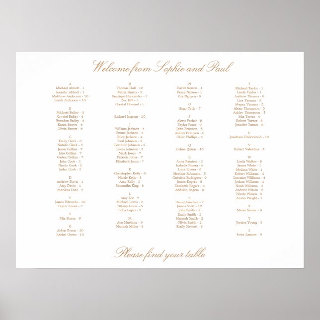 White Golden Beige Alphabetical Seating Chart (Front)