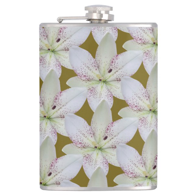 White Golden-rayed lily  Flower ,Personalized Name Hip Flask (Front)