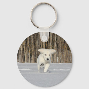 White Golden Retriever Puppy in Snow Keychain