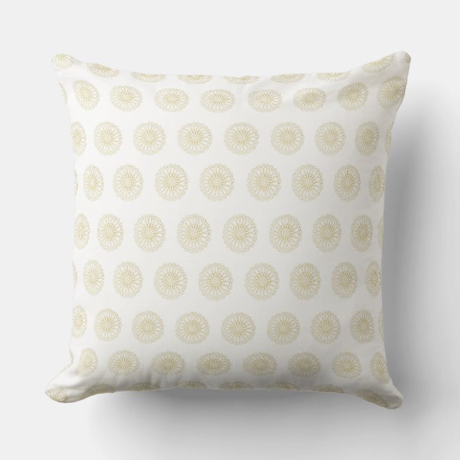 White | Golden Zinnia Flower Medallions Throw Pillow (Front)