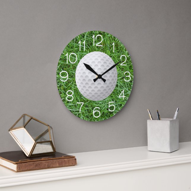White Golf Ball On Green Grass Large Clock (Office)
