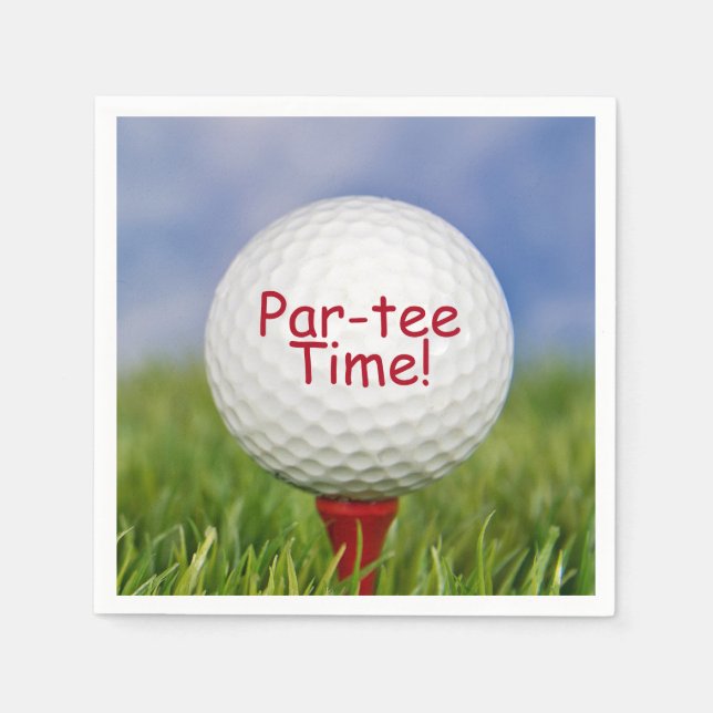 white golf ball on red tee for sports party napkin (Front)