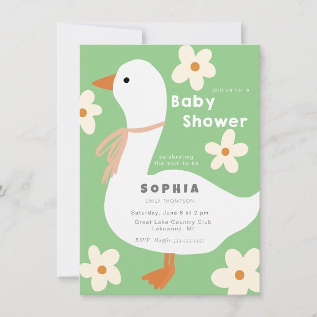 White Goose and Daisies Baby Shower Invitation (Front)