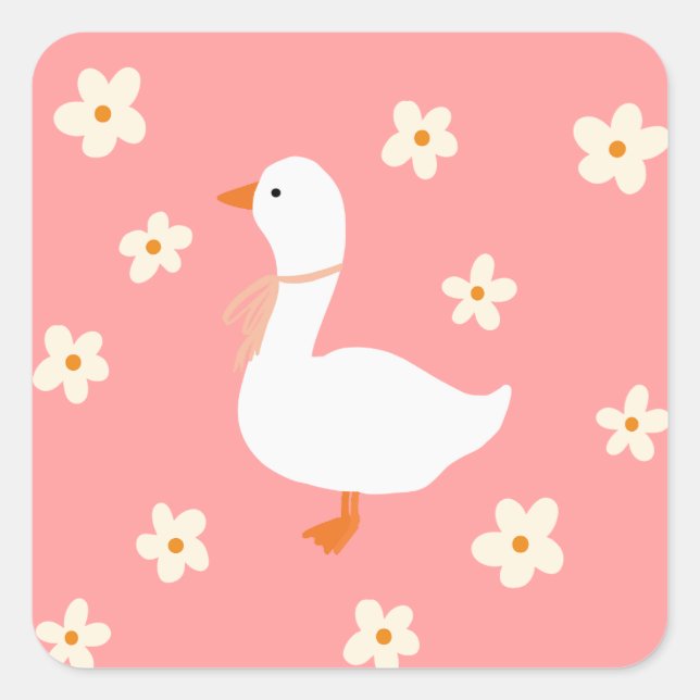 White Goose and Daisies Square Sticker (Front)