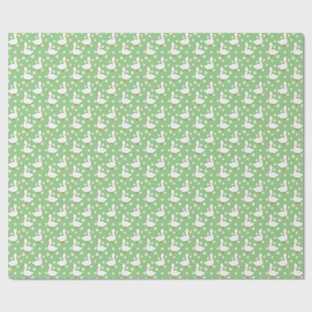 White Goose and Daisies Thank You Green Wrapping Paper (Flat)