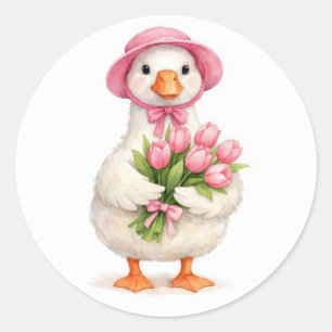 White Goose Holding Pink Tulip Bouquet Classic Round Sticker