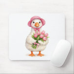 White Goose Holding Pink Tulip Bouquet Mouse Pad<br><div class="desc">A charming white goose wearing a pink bonnet and holding a bouquet of pink tulips tied with a pink bow,  all beautifully designed in a watercolor effect on a white background</div>
