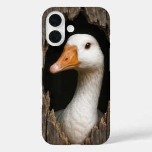 White Goose Peeking From Jagged Wood Hole iPhone 16 Case