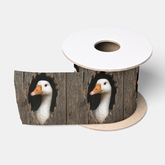 White Goose Peeking From Jagged Wood Hole Satin Ribbon (Spool)