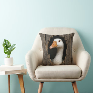 White Goose Peeking From Jagged Wood Hole Throw Pillow
