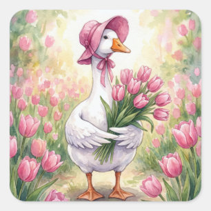 White Goose With Pink Tulips Square Sticker