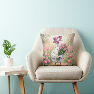 White Goose With Pink Tulips Throw Pillow