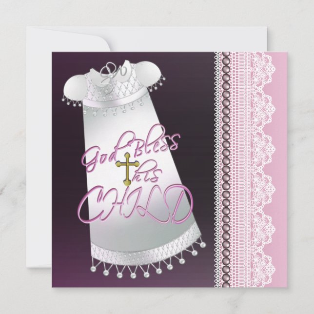 White Gown Cross Baby Girl Pink Black Christening Invitation (Front)