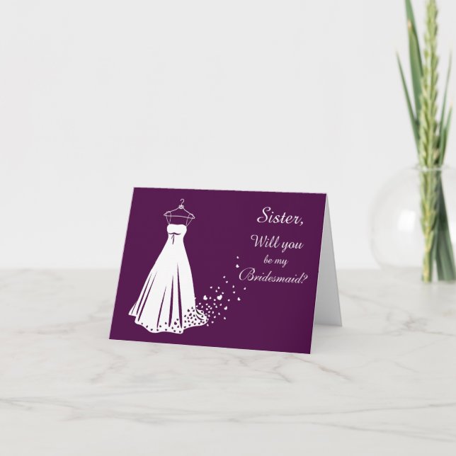 White gown, heart on purple Sister Bridesmaid card (Front)