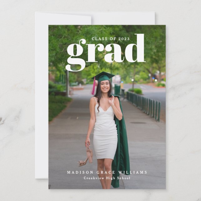 White GRAD Bold Letters Photo Announcement (Front)