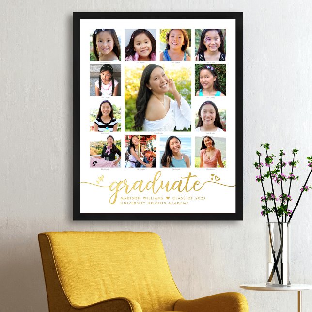 White Graduate K–12 Photo Collage Script Real Gold Foil Prints (Creator Uploaded)