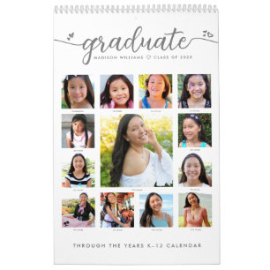 White Graduate K–12 Script Photo Collage 15 Month Calendar