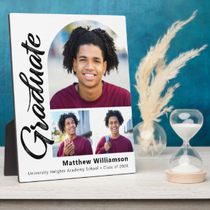White Graduation 3 Photo Bold Arch Black Script Plaque