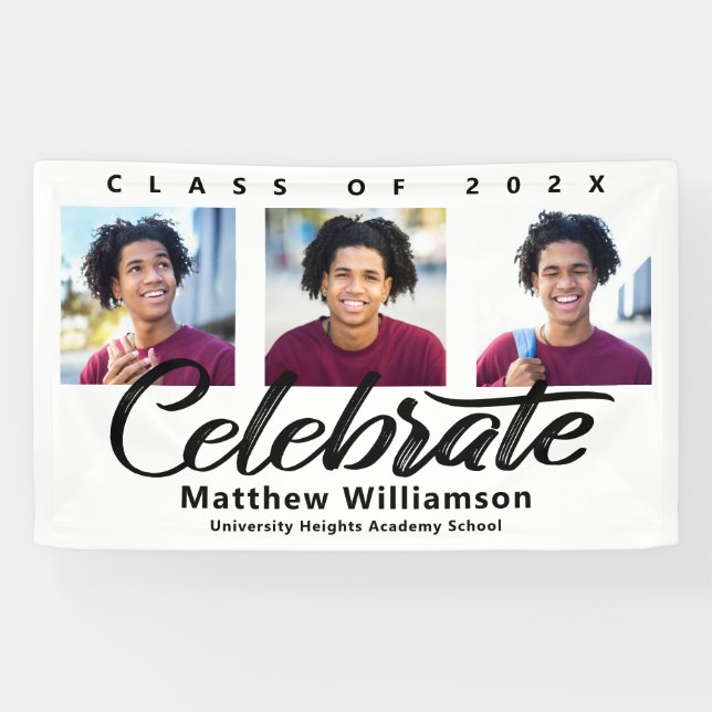White Graduation 3 Photo Bold Black Script Minimal Banner (Horizontal)