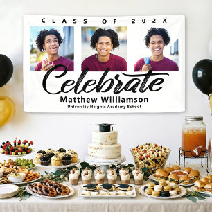 White Graduation 3 Photo Bold Black Script Minimal Banner